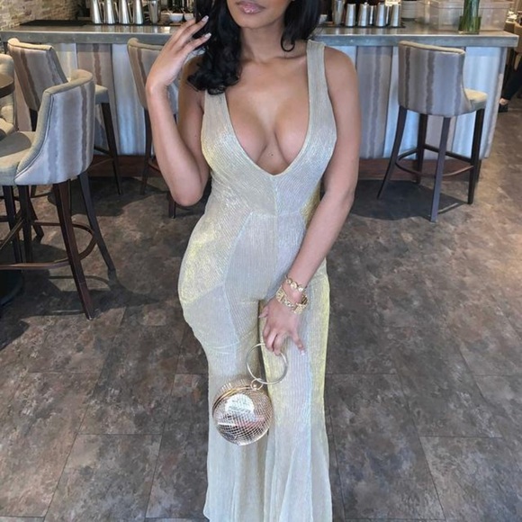 House of CB 'Fallon' champagne lurex kick flare jumpsuit - Picture 7 of 9